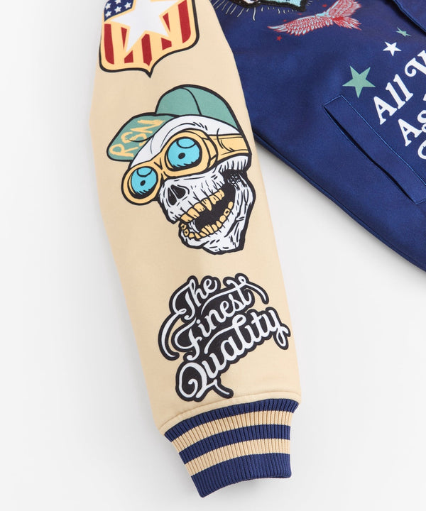 Forever21 Born Free Chenille Patched Varsity Jacket - Navy NAVY