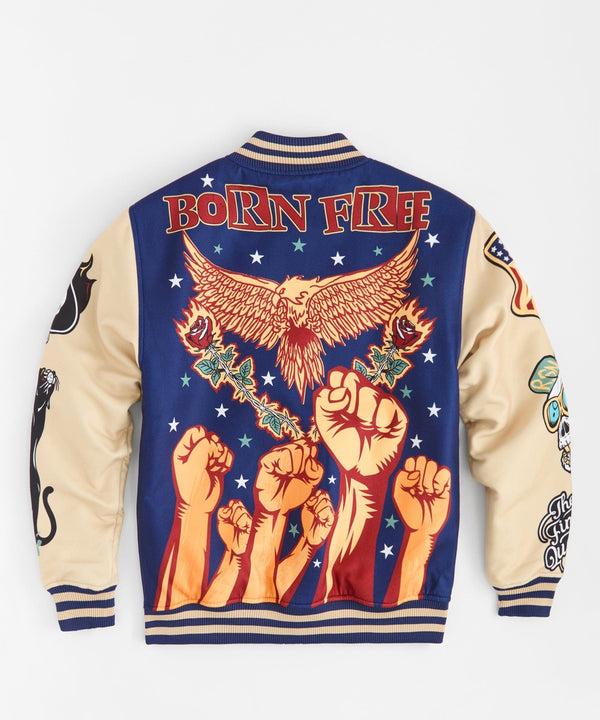 Forever21 Born Free Chenille Patched Varsity Jacket - Navy NAVY