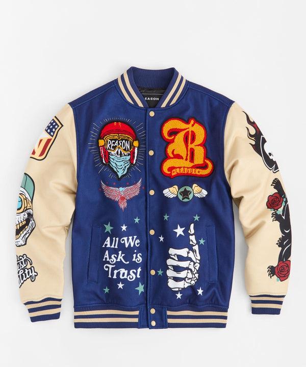 Forever21 Born Free Chenille Patched Varsity Jacket - Navy NAVY