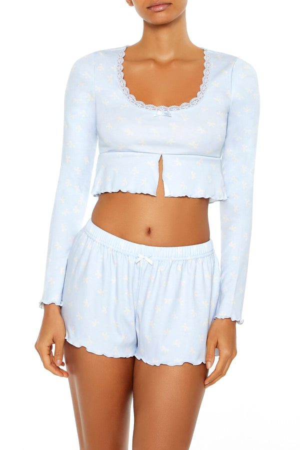 Forever21 Bow Print Flounce Pajama Crop Top BLUE/WHITE