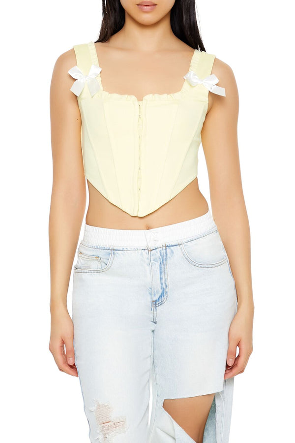 Forever21 Bow Ruffle-Trim Corset Crop Top YELLOW/WHITE