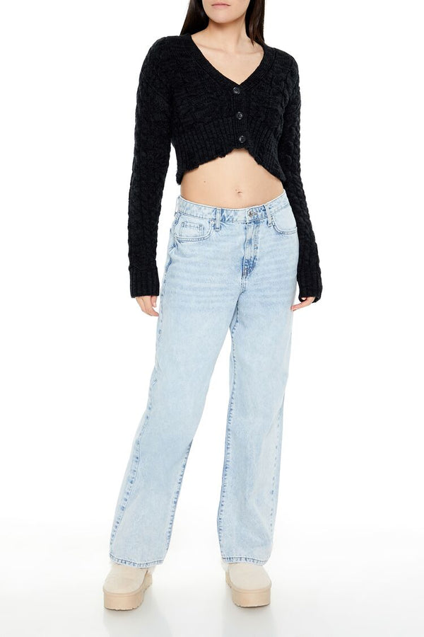 Forever21 Cable Knit Cropped Cardigan Sweater BLACK