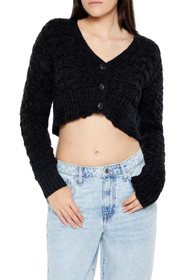 Forever21 Cable Knit Cropped Cardigan Sweater BLACK