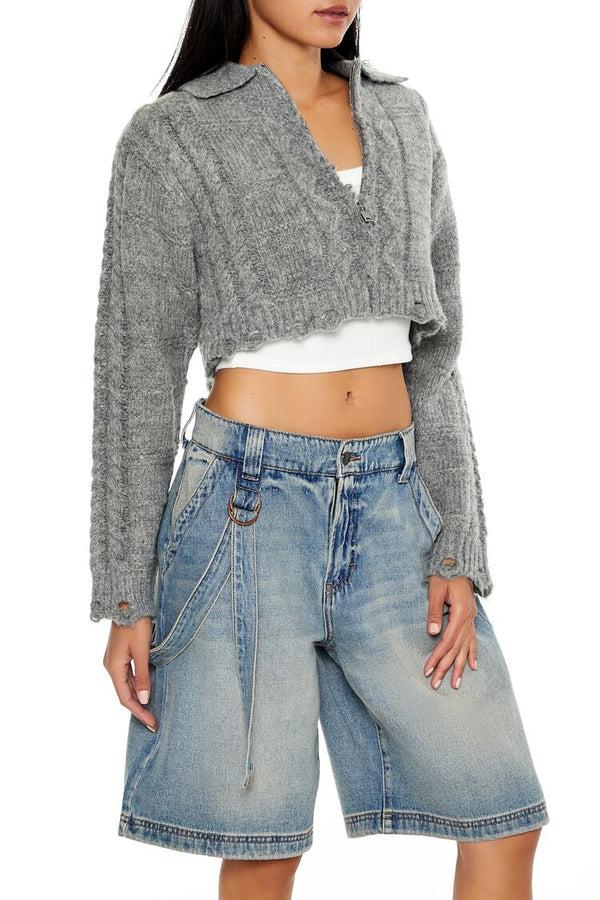 Forever21 Cable Knit Sharkbite Half-Zip Sweater DARK GREY