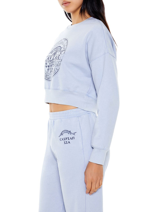 Forever21 Caviar Graphic Cropped Pullover BLUE/MULTI