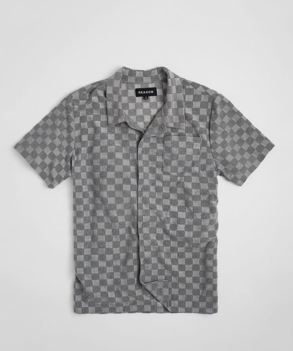 Forever21 Checkerboard Towel Color Blocked Short Sleeve Button Down Shirt - Grey GREY