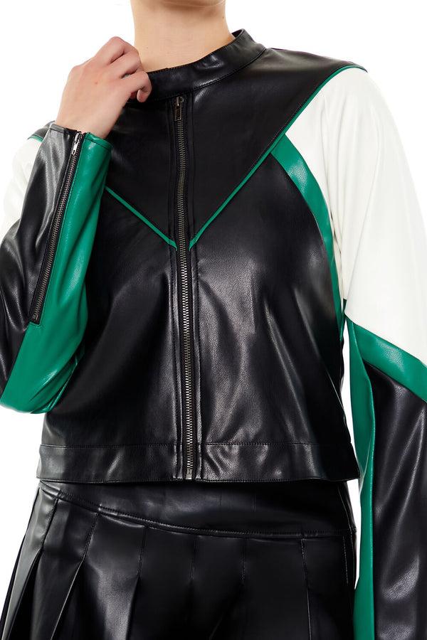 Forever21 Colorblock Cropped Moto Jacket BLACK/GREEN