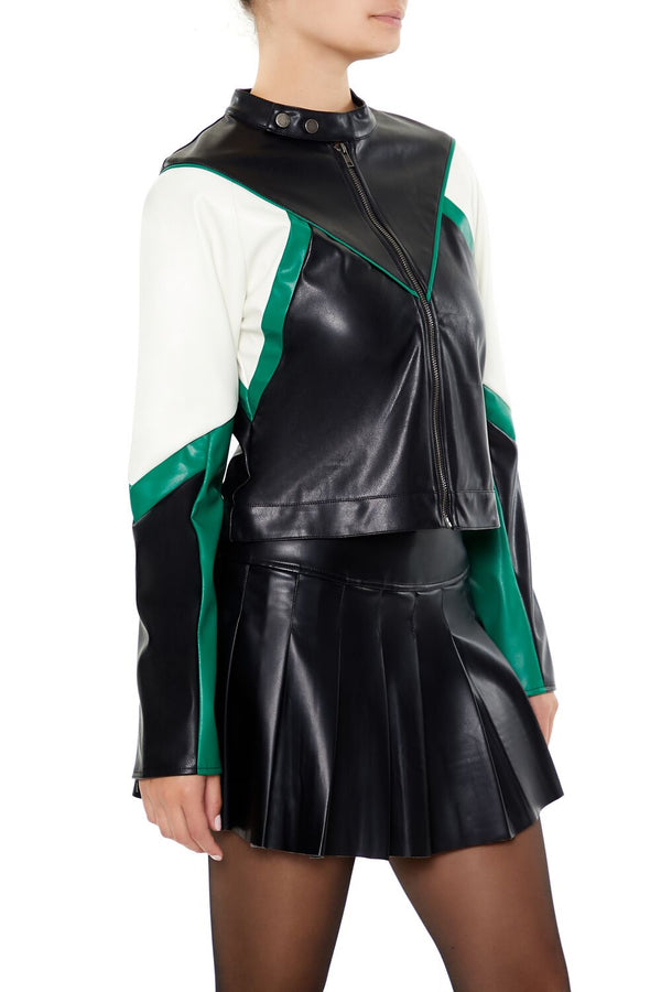 Forever21 Colorblock Cropped Moto Jacket BLACK/GREEN