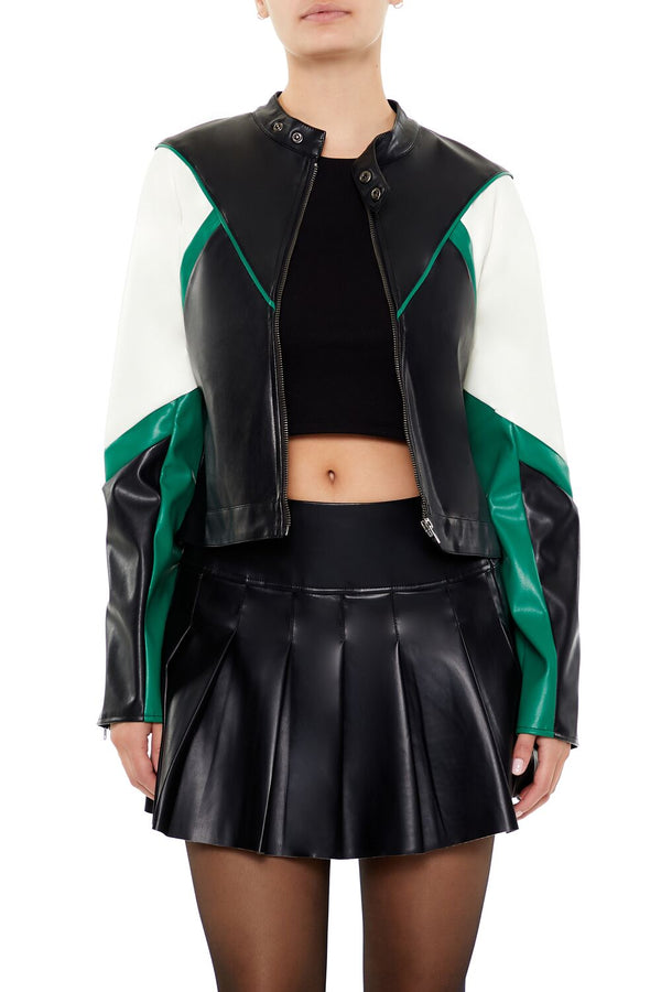 Forever21 Colorblock Cropped Moto Jacket BLACK/GREEN