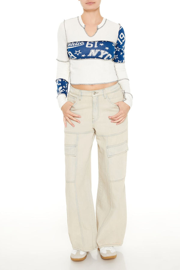 Forever21 Colorblock Split-Neck Crop Top WHITE/MULTI