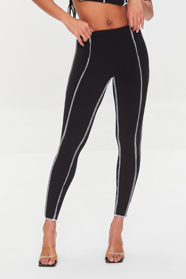 Forever21 Contrast-Stitch Ribbed Leggings BLACK/WHITE
