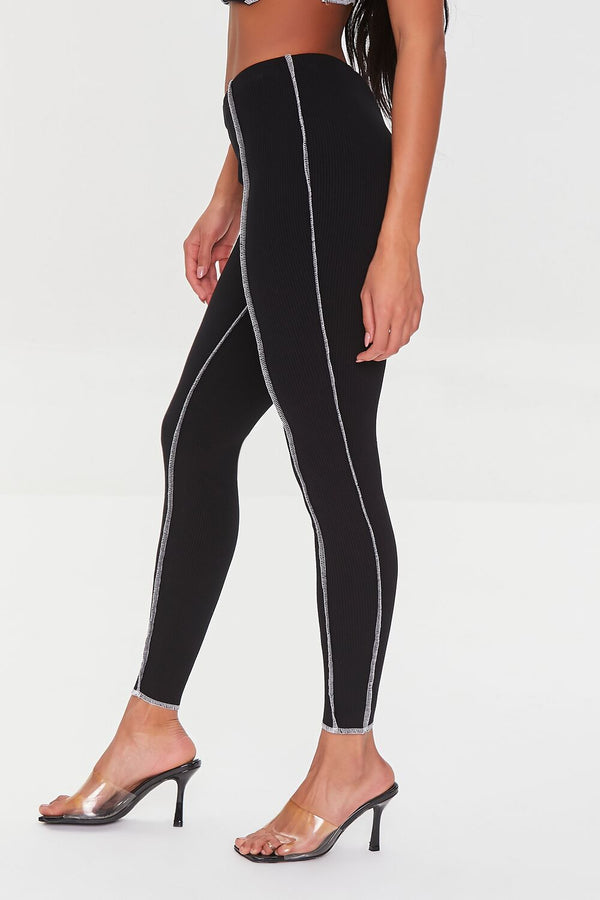 Forever21 Contrast-Stitch Ribbed Leggings BLACK/WHITE