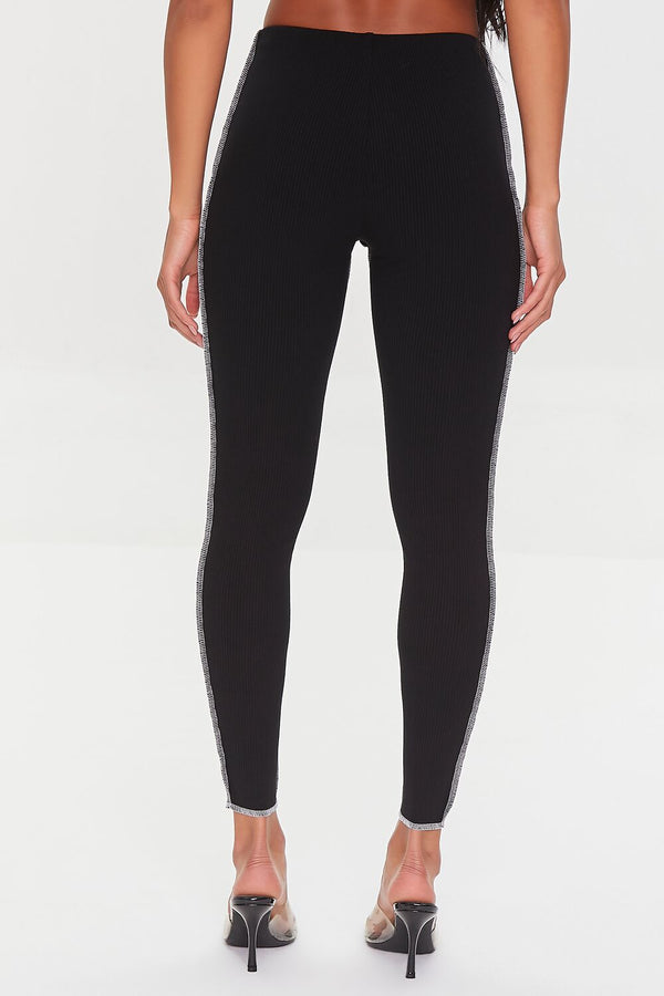 Forever21 Contrast-Stitch Ribbed Leggings BLACK/WHITE