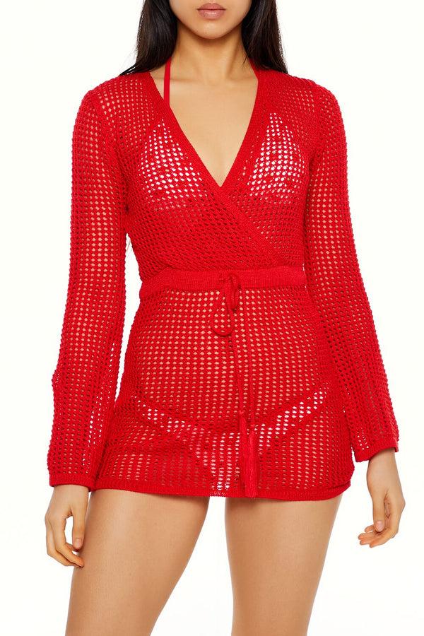 Forever21 Crochet Crossed Swim Cover-Up Mini Dress HIGH RISK RED