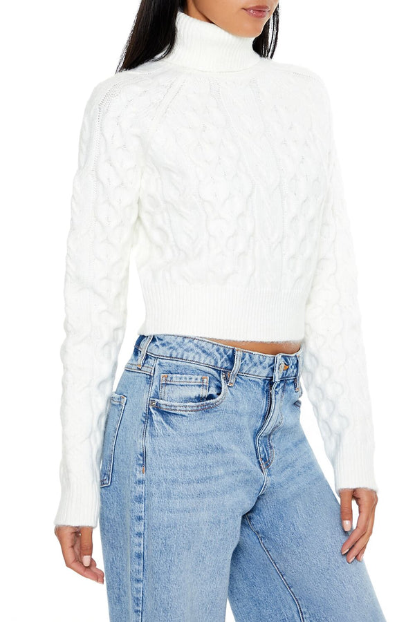 Forever21 Cropped Cable Knit Turtleneck Sweater WHITE