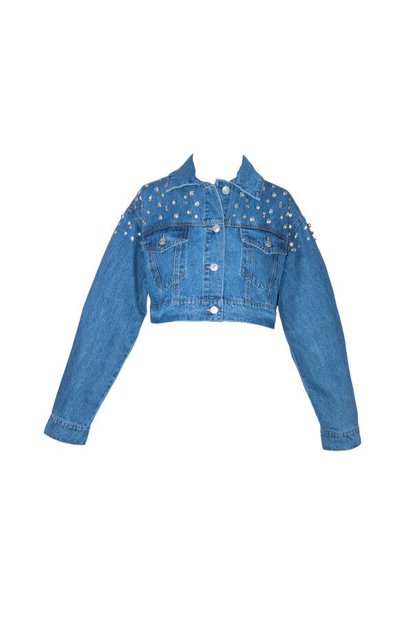 Forever21 Cropped Rhinestone Denim Jacket MEDIUM DENIM