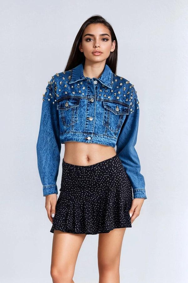 Forever21 Cropped Rhinestone Denim Jacket MEDIUM DENIM