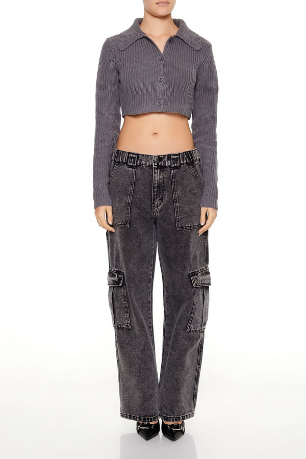 Forever21 Cropped Rib-Knit Cardigan Sweater DARK GREY