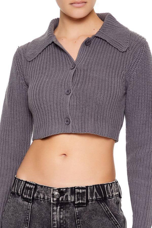 Forever21 Cropped Rib-Knit Cardigan Sweater DARK GREY