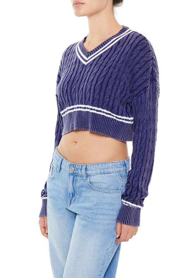 Forever21 Cropped Varsity-Striped Sweater COLONY BLUE/WHITE