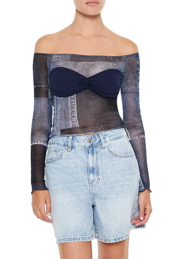 Forever21 Denim Print Off-the-Shoulder Top BLUE/MULTI