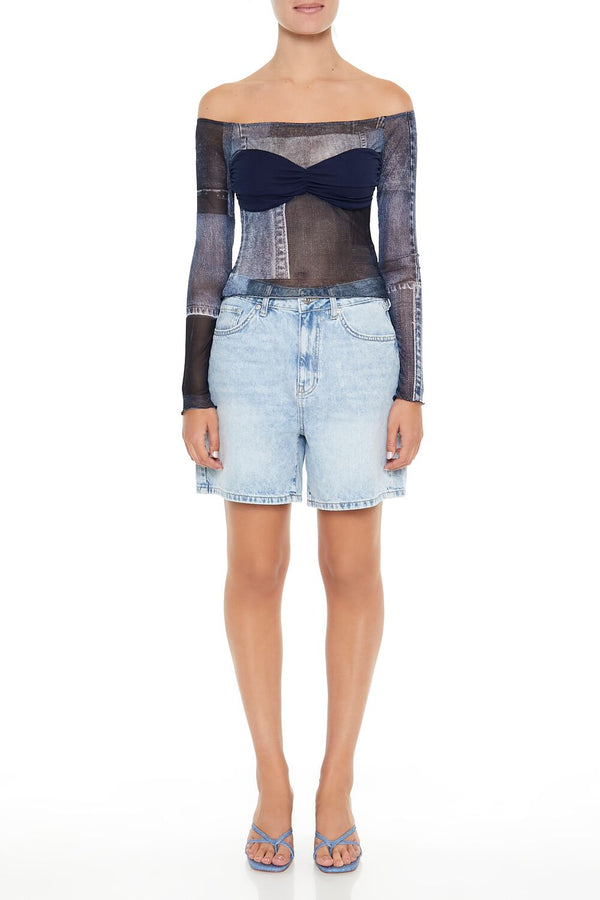 Forever21 Denim Print Off-the-Shoulder Top BLUE/MULTI