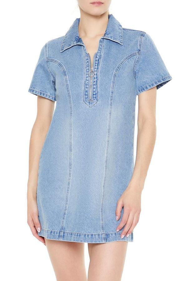 Forever21 Denim Zip-Up Mini Shirt Dress LIGHT DENIM