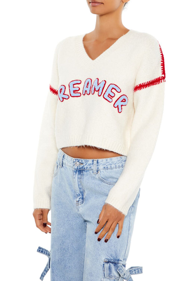 Forever21 Dreamer Patch Fuzzy Knit Sweater CREAM/MULTI