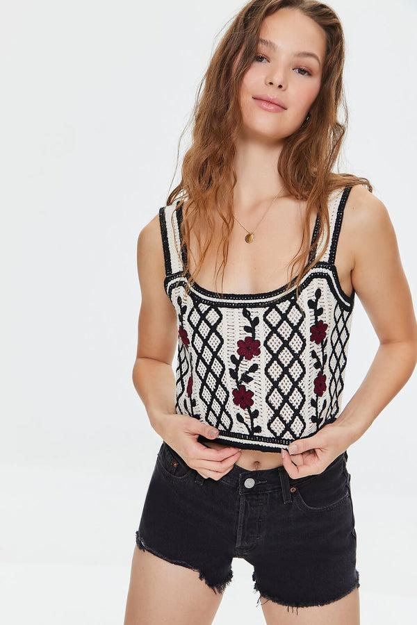 Forever21 Embroidered Floral Crochet Crop Top BLACK/CREAM