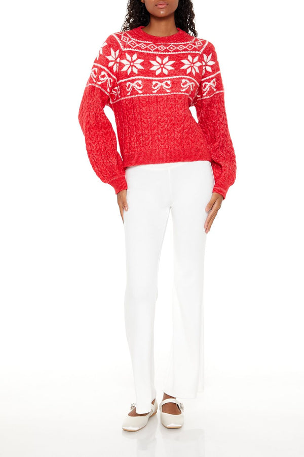 Forever21 Fair Isle Bow Cable Knit Sweater RED/WHITE