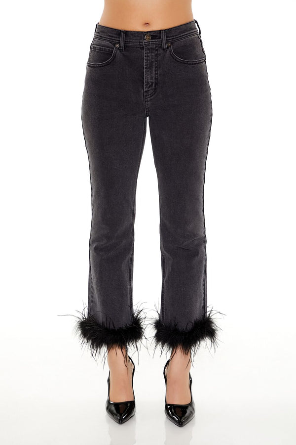 Forever21 Faux Feather-Trim Ankle Jeans WASHED BLACK