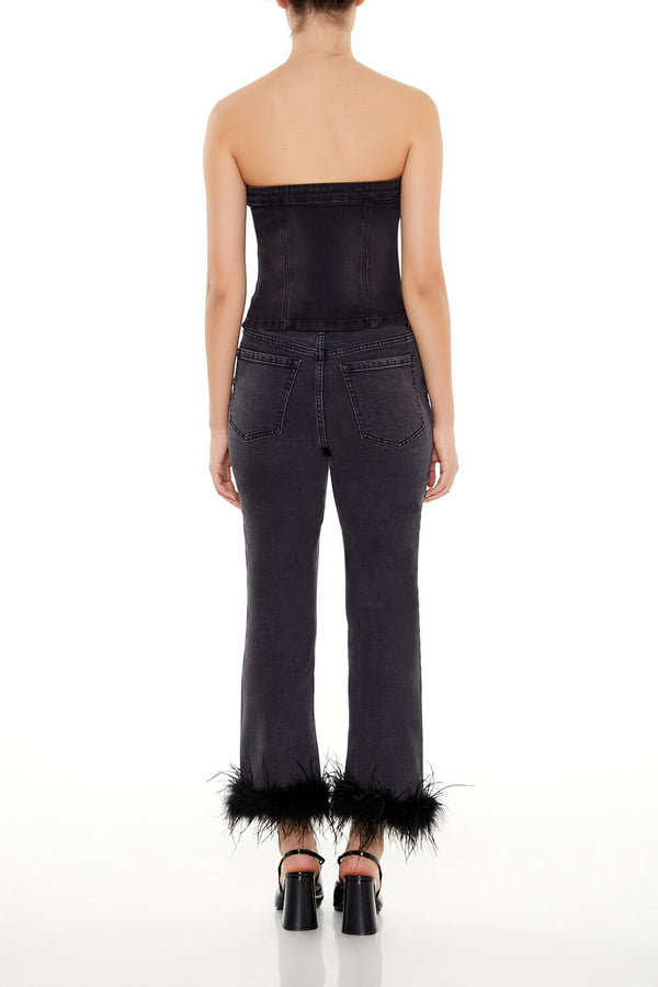 Forever21 Faux Feather-Trim Ankle Jeans WASHED BLACK