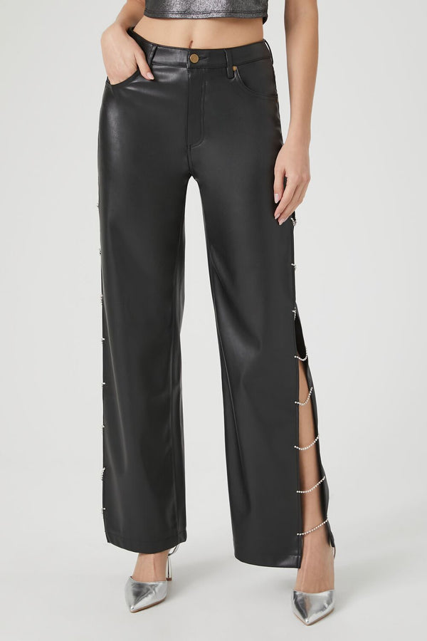 Forever21 Faux Leather Rhinestone Chain Pants BLACK