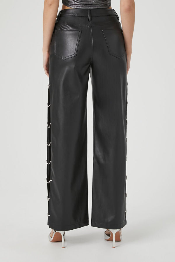 Forever21 Faux Leather Rhinestone Chain Pants BLACK