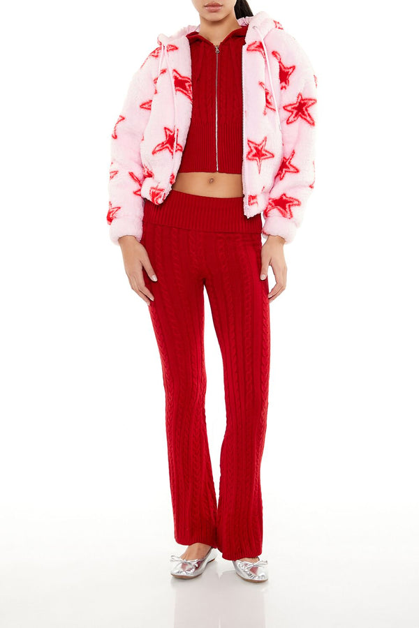 Forever21 Faux Shearling Star Print Hoodie PINK/RED