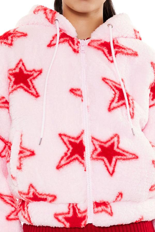 Forever21 Faux Shearling Star Print Hoodie PINK/RED