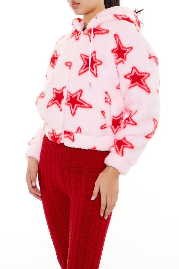 Forever21 Faux Shearling Star Print Hoodie PINK/RED