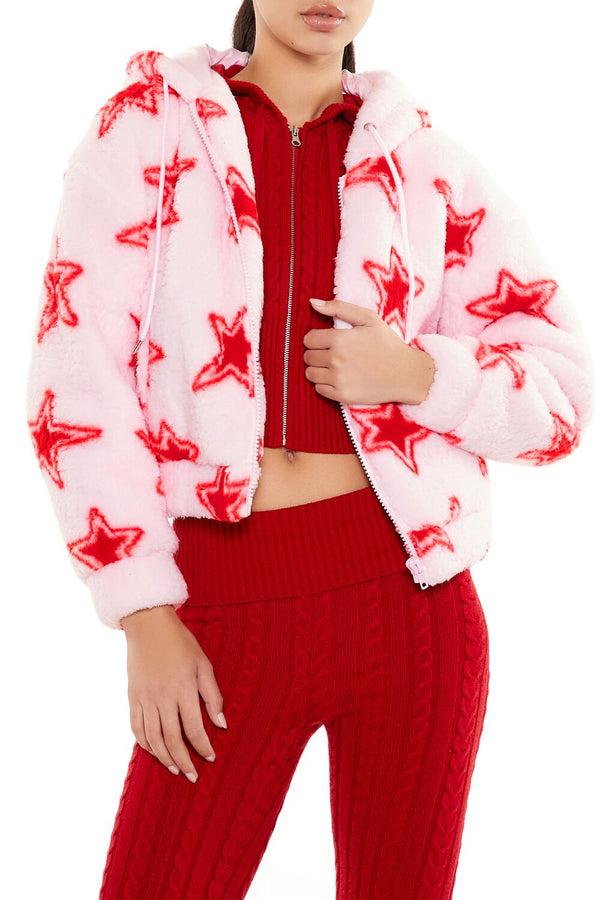 Forever21 Faux Shearling Star Print Hoodie PINK/RED