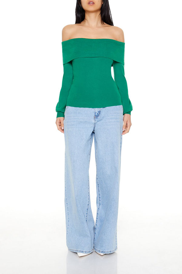 Forever21 Fitted Off-the-Shoulder Sweater VERDANT GREEN