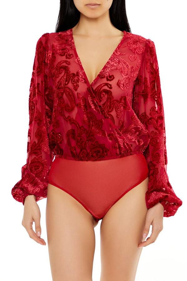 Forever21 Flocked Paisley Surplice Bodysuit DARK RED