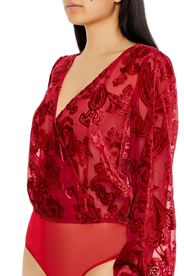 Forever21 Flocked Paisley Surplice Bodysuit DARK RED