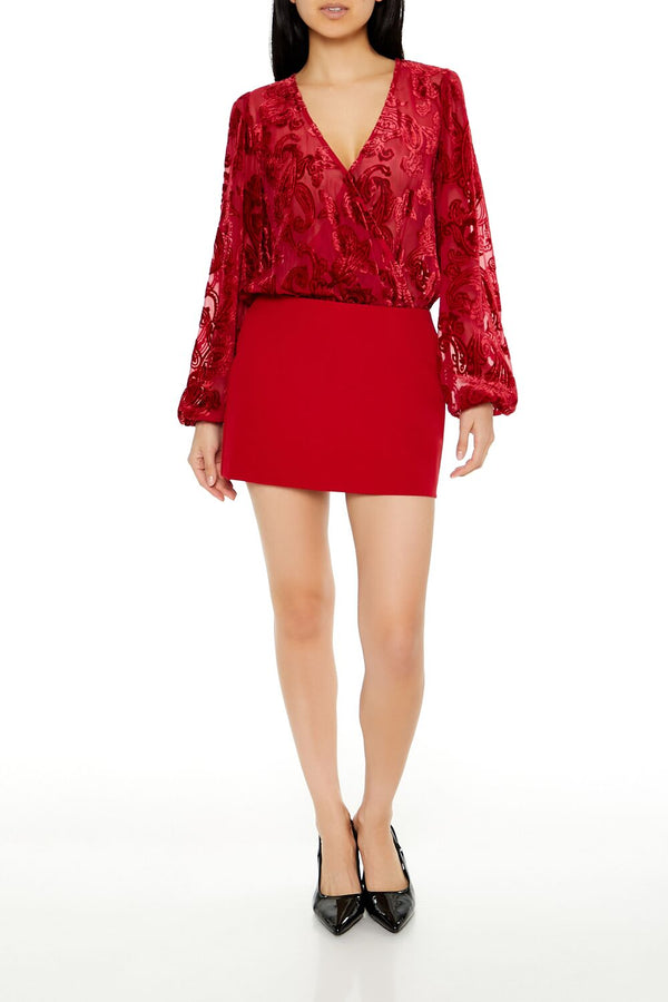 Forever21 Flocked Paisley Surplice Bodysuit DARK RED