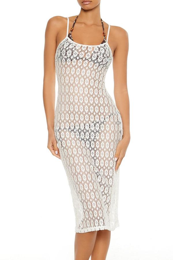 Forever21 Floral Crochet Swim Cover-Up Midi Dress WHITE