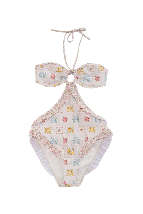 Forever21 Floral Halter One-Piece Swimsuit WHITE/MULTI