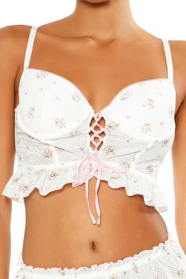 Forever21 Floral Lace-Up Lingerie Corset Cami WHITE/MULTI