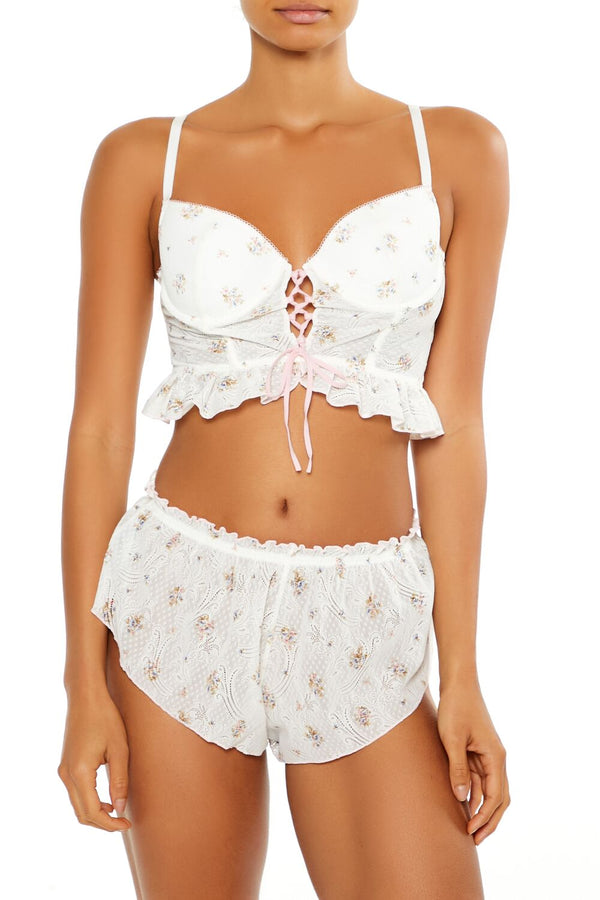 Forever21 Floral Lace-Up Lingerie Corset Cami WHITE/MULTI