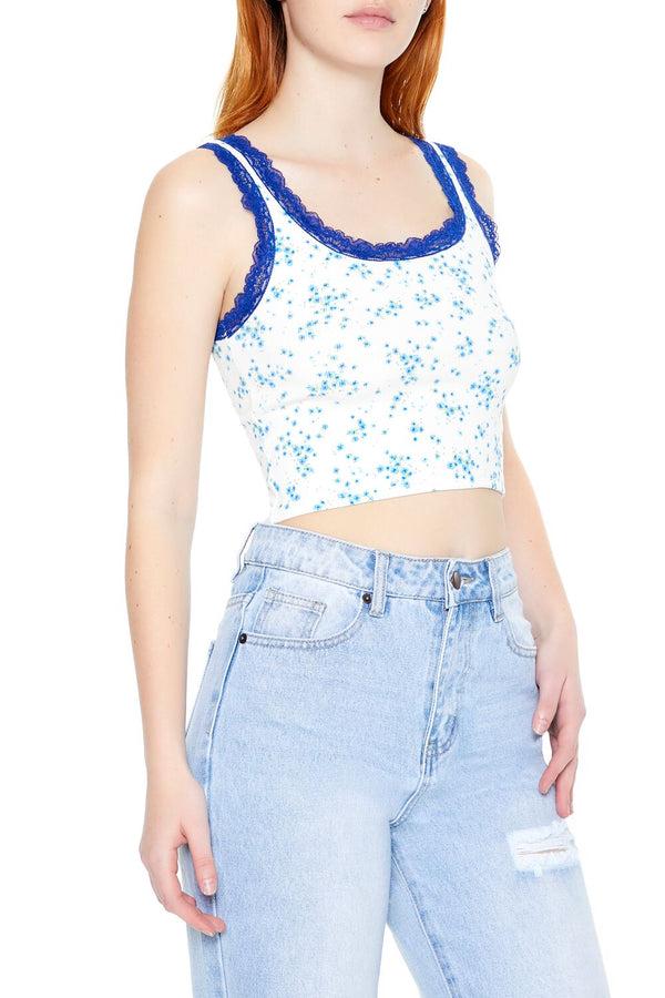 Forever21 Floral Print Cropped Tank Top WHITE/MULTI