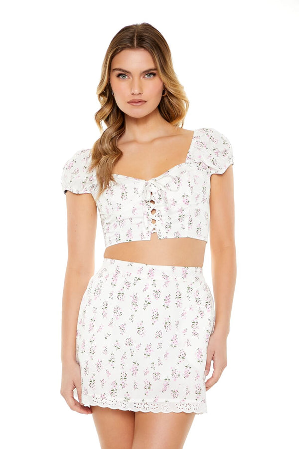 Forever21 Floral Print Puff-Sleeve Crop Top WHITE/MULTI