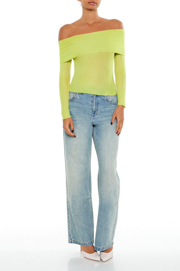 Forever21 Foldover Off-the-Shoulder Sweater PALE GREEN