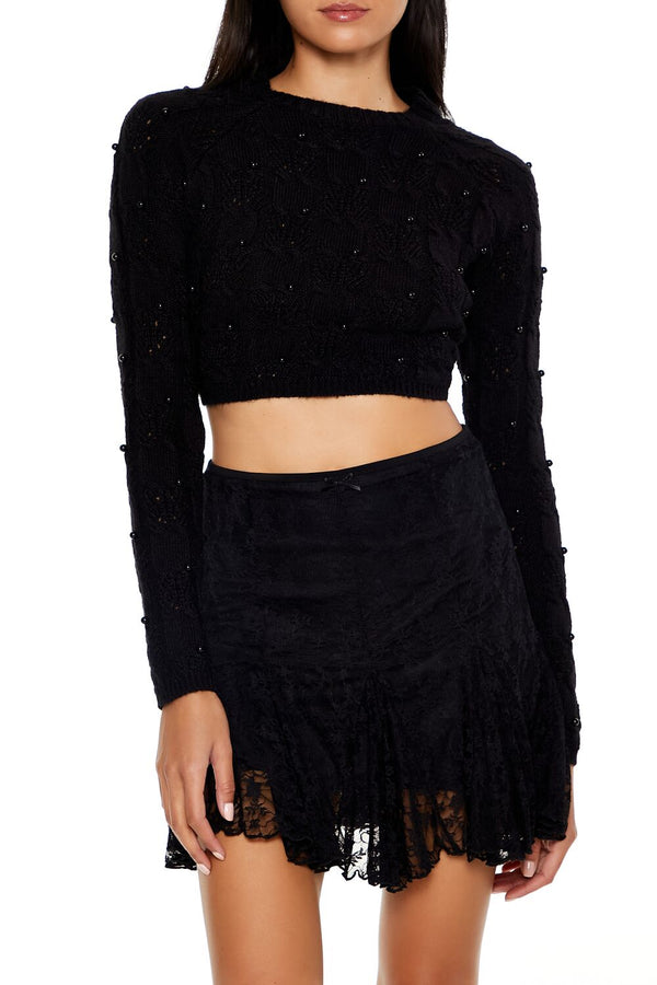 Forever21 Beaded Cropped Cable Knit Sweater Black